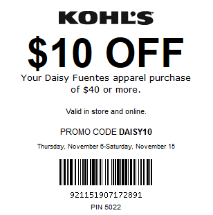 Kohls Coupon $10 Off $40+ Daisy Fuentes apparel purchase
