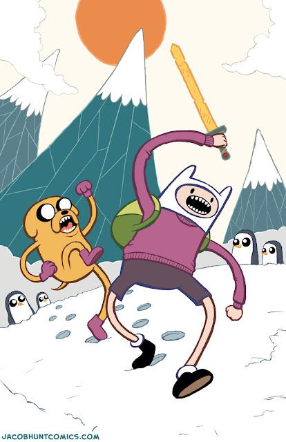 Finn and Jake from Adventure Time storm through the mountains toward the Ice Kings fortress while penguins look on
