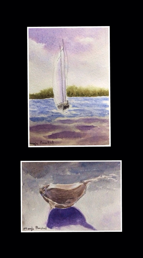 mini water colour paintings of sailboat and garlic by Manju Panchal