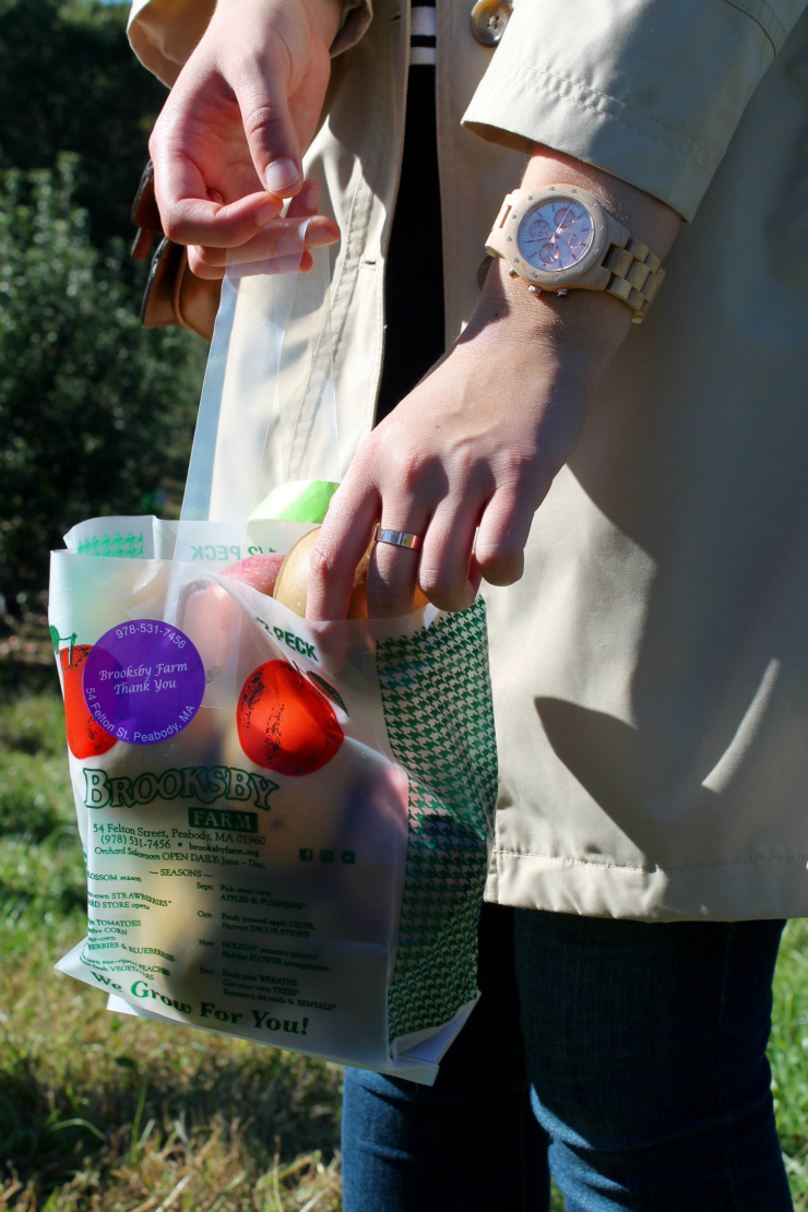 Apple picking outfit- trench coat, Breton and JORD wooden watch