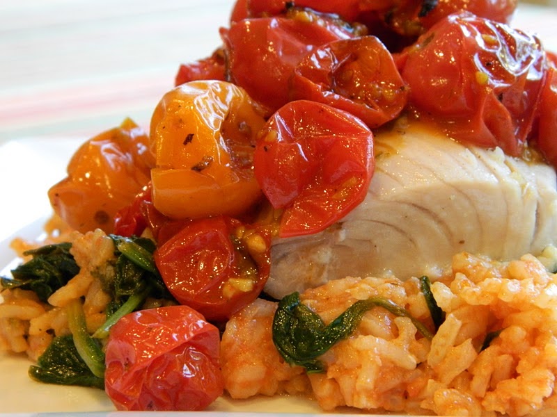 Primal Bites Mahi Mahi with Roasted Heirloom Tomatoes, Sauteed Spinach