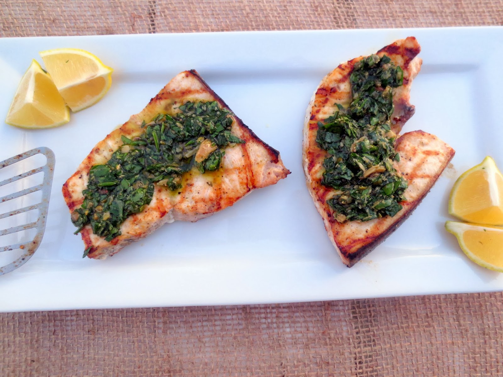 The Owl with the Goblet Grilled Swordfish with Caper Parsley Gremolata
