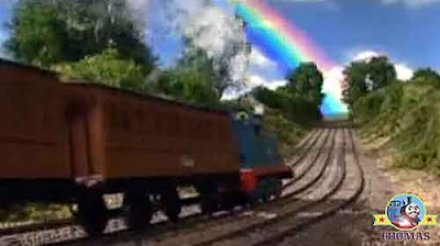 Thomas the train Annie Clarabel steep Gordon the tank engine hill peak the end of a colorful rainbow