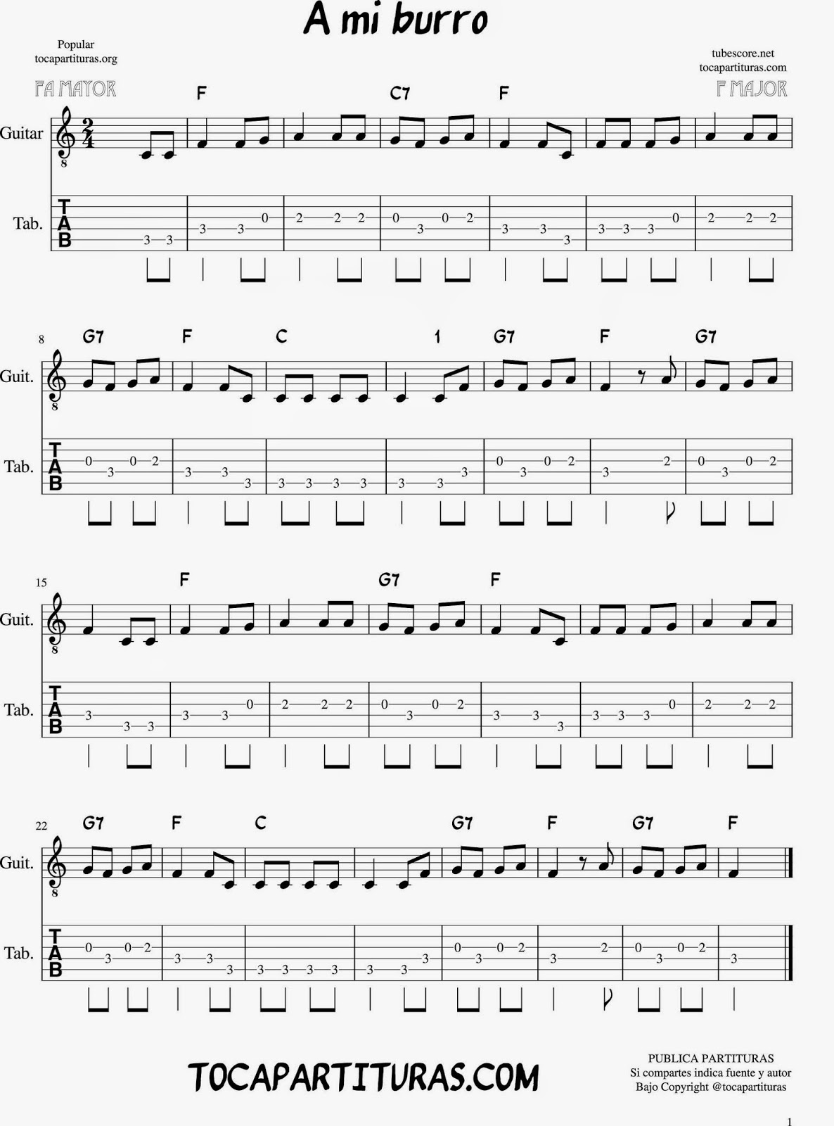 Tubescore My Donkey Tablature Sheet Music for Guitar in key F Major Popular Music Score for Kids Tab with Chords