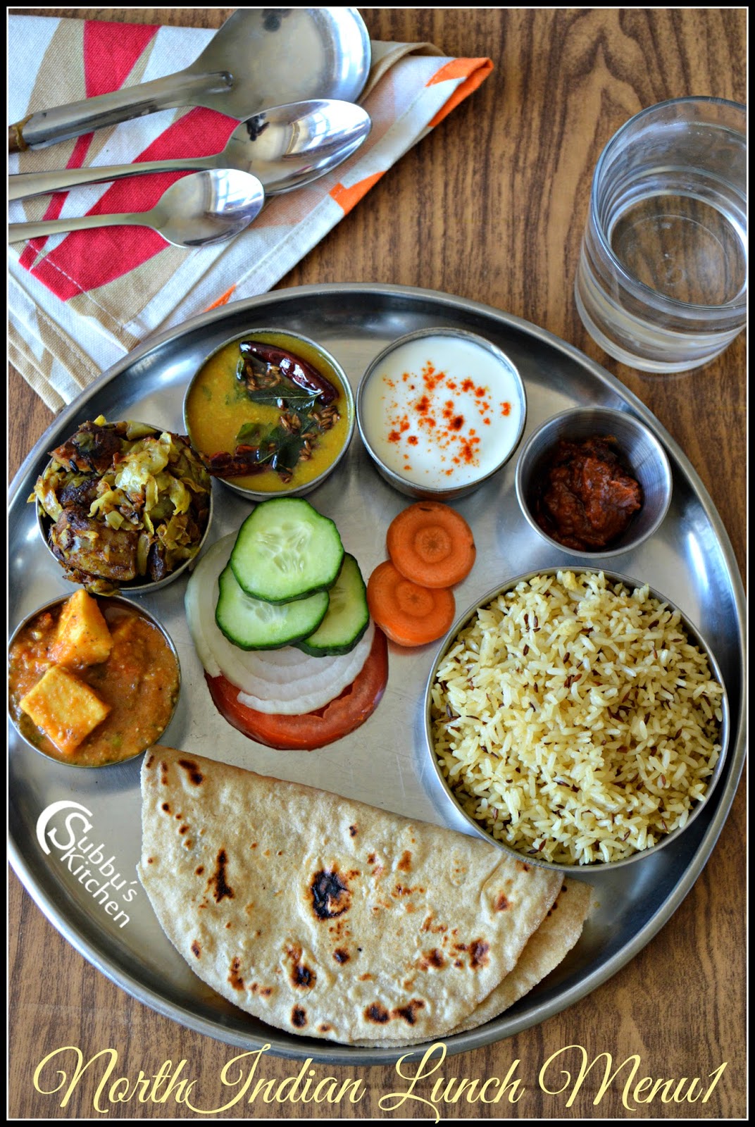 North Indian Lunch Menu 1 - Chapati, Dal Tadka, Mutter Paneer, Aloo PattaGobhi Curry, Jeera Rice, Curd, Salad and Pickle North Indian Lunch Menu 1 - Chapati, Dal Tadka, Mutter Paneer, Aloo PattaGobhi Curry, Jeera Rice, Curd, Salad and Pickle
