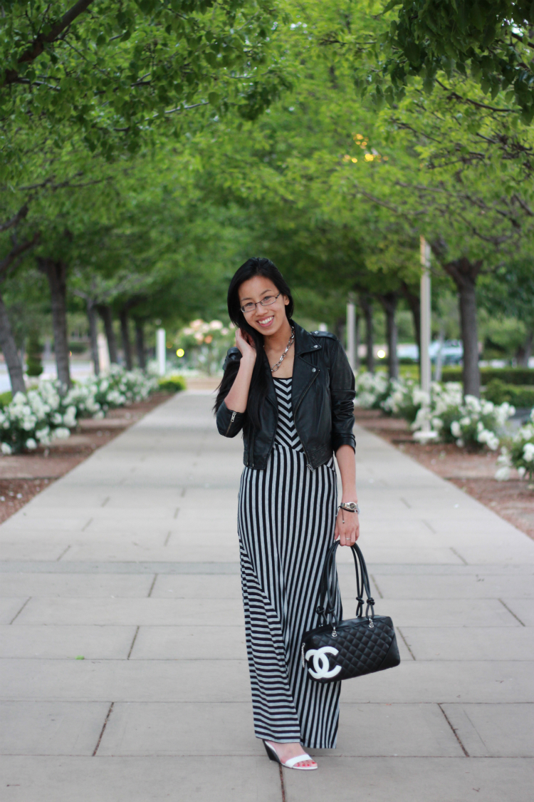leather jacket striped maxi dress wedge chanel