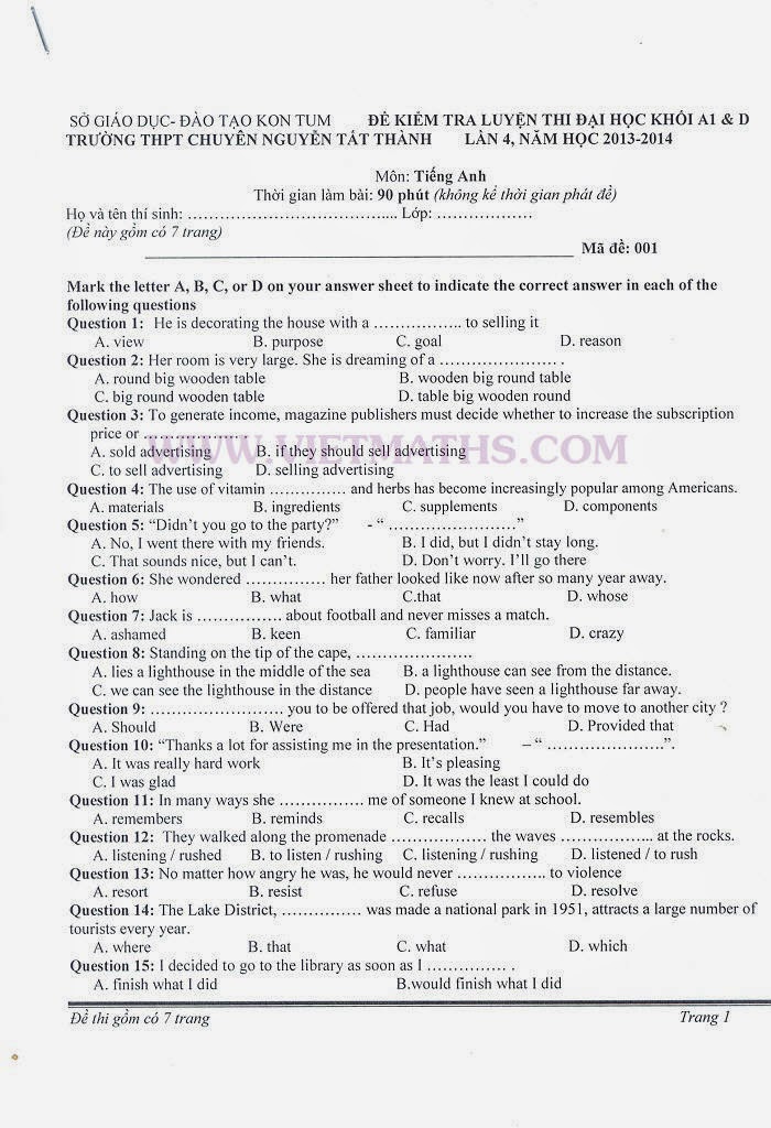 Đề thi thử môn Tiếng Anh 2014 lần IV trường chuyên Nguyễn Tất Thành Kon Tum Đề thi thử môn Tiếng Anh 2014 lần IV Kon Tum, de thi thu mon toan 2014 lan 4 kon tum
