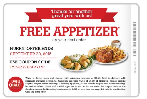 Swiss Chalet Free Appetizer Coupon Code