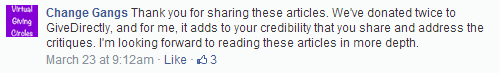 Screenshot of Facebook post from donor