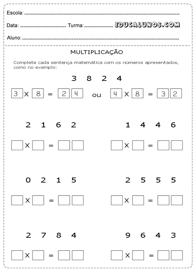 Multiplicação: complete cada sentença matemática com os números