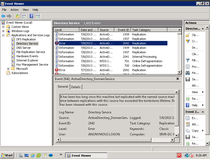 Active Directory DC How to solve error 8614 and eventID 2042