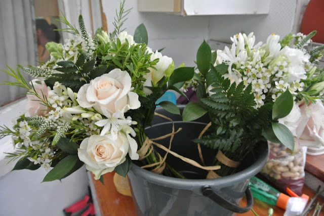 DIY bridal bouquet wedding flowers roses freesias veronica lisianthus agapanthus