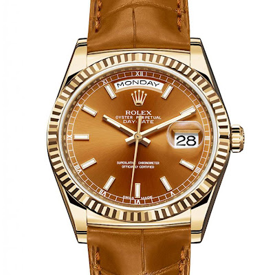 Rolex New Day-Date yellow gold, fluted bezel, cognac dial and leather strap