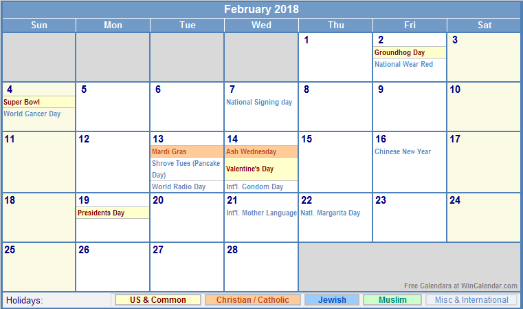 2018 february calendar template