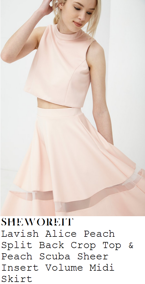 ferne-mcann-peach-pink-high-neck-sleeveless-crop-top-and-full-sheer-stripe-midi-skirt-co-ords