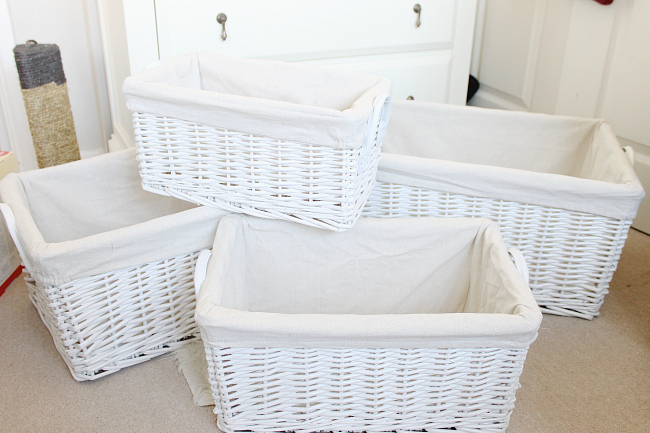 white wicker baskets, willow lined baskets, white baskets, baskets for baby room