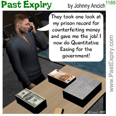What is Quantitative Easing cartoon. Cartoon about crime, debt, dollar, economy, government, money,