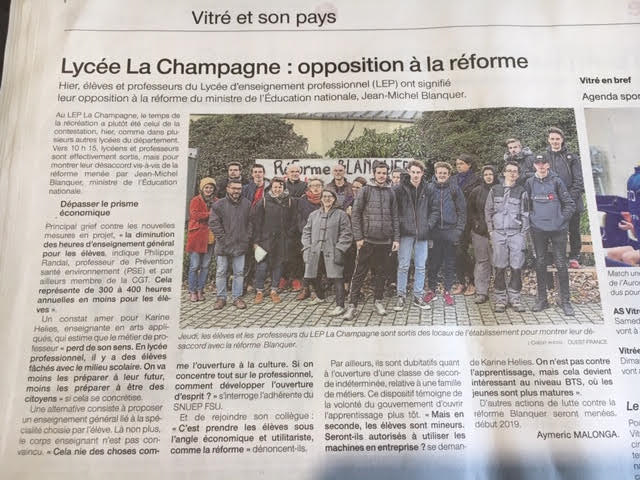 Mobilisation des enseignants du Lycée La champagne à Vitré jeudi 29 nov 2018 : article journal