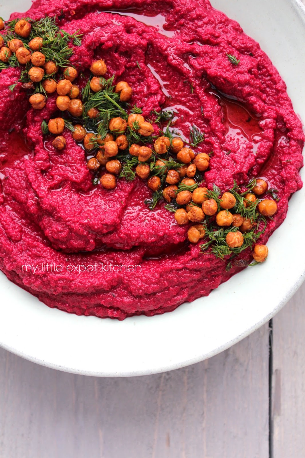 My Little Expat Kitchen Beetroot hummus with spicy, crunchy roasted