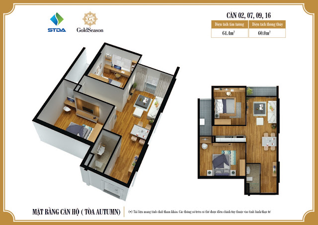 Mặt bằng căn hộ 02, 07, 09, 16 - 64,4m2 - GoldSeason