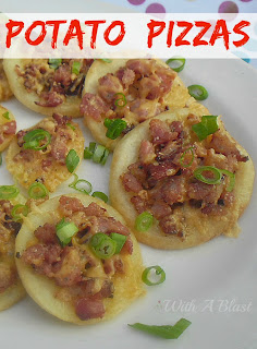 Potato Pizzas ~ Perfect snack while watching the game! Or serve as an appetizer ~ bacon, gooey cheese and more #Snacks #Pizzas #PotatoSnacks #Appetizer