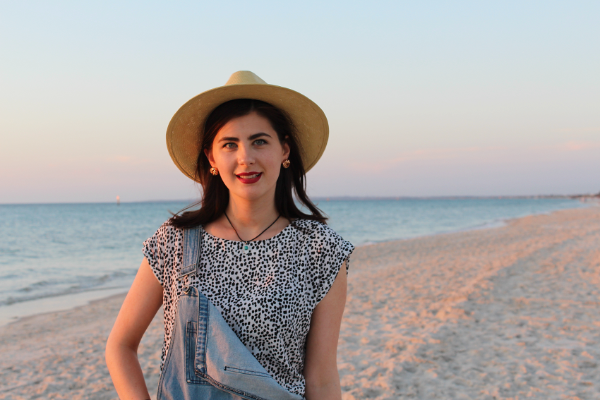 likeaharte, like a harte, ivana, ivana petrovic, fashion bloggers, australian fashion bloggers, australian fashion blog, how to wear overalls, how to wear dungarees, french connection, french connection australia, french connection alana hat, birkenstocks, how to wear birkenstocks, arizona birkenstock, sunset photography, how to take outfit photos at sunset, hamsa necklace
