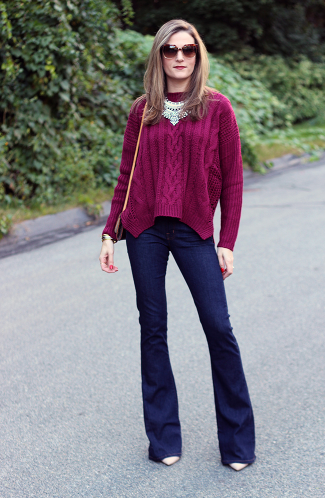 Burgundy Sweater, Flare Jeans, and Weekend Wear Link Up! Threads for