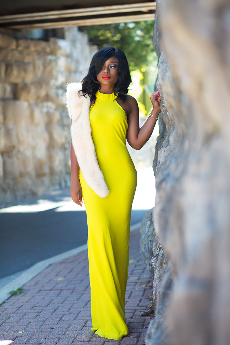 Formal canary yellow maxi dress, faux fur stole
