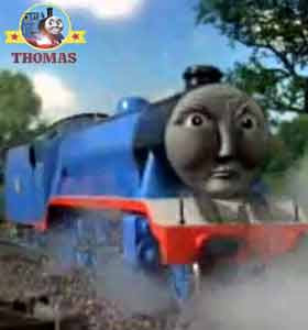 A red railway signal diverted Thomas the tank engine big Gordon the train into a rail track siding