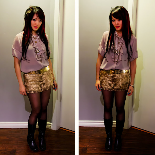 Dropping for design, dropping form design feather hair comb, sparkle and fade gold tassle shorts, sparkle and fade from urban outfitter, vintage gold scale elastice belt, multistrand forever 21 gold and pearl necklace, gold necklaces, gold accesories, feather hair comb, sheer tights, beige shirt, black boots