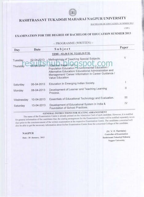 B.Ed. Summer 2013 Timetable Nagpur University