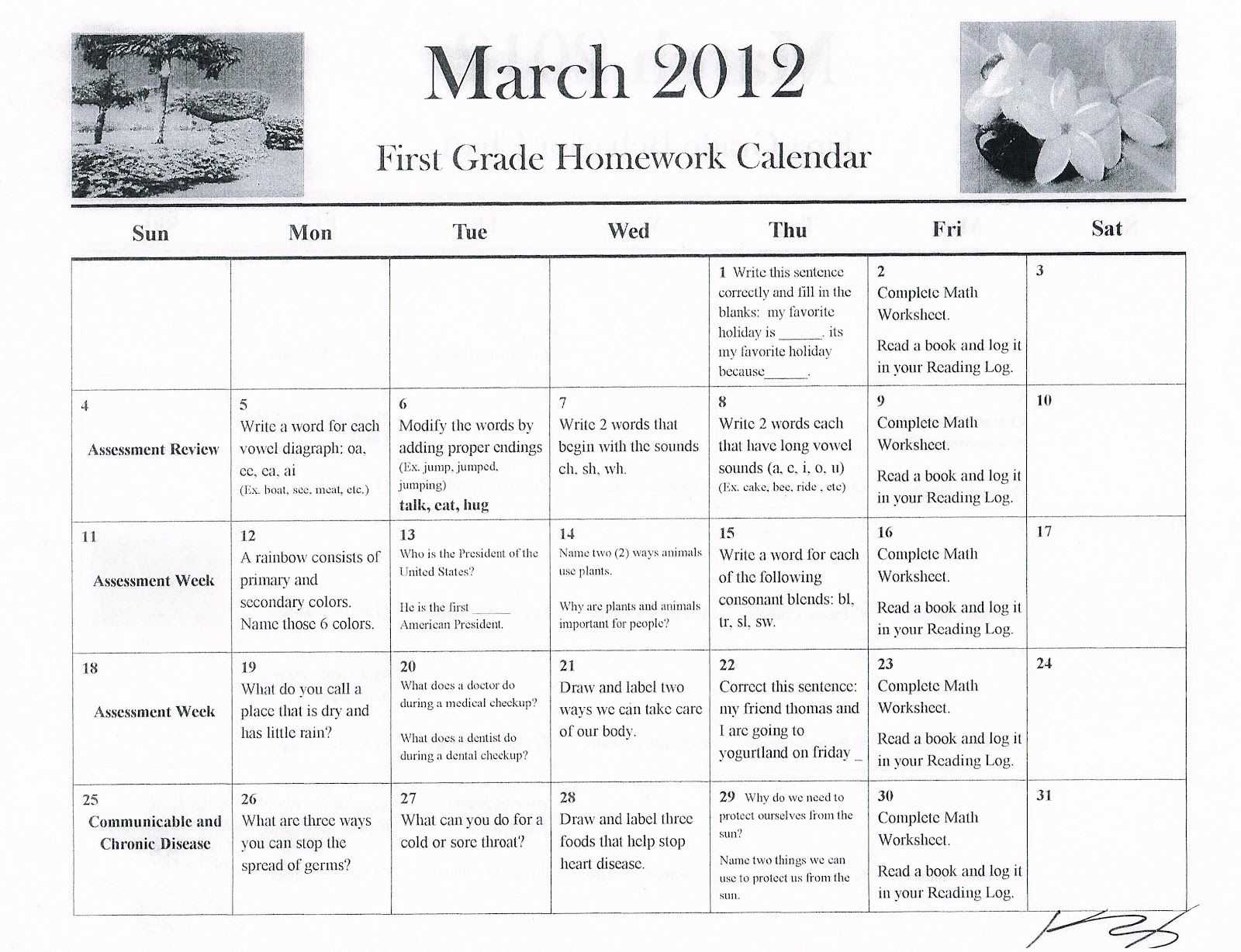 Calendar worksheets for first grade picture