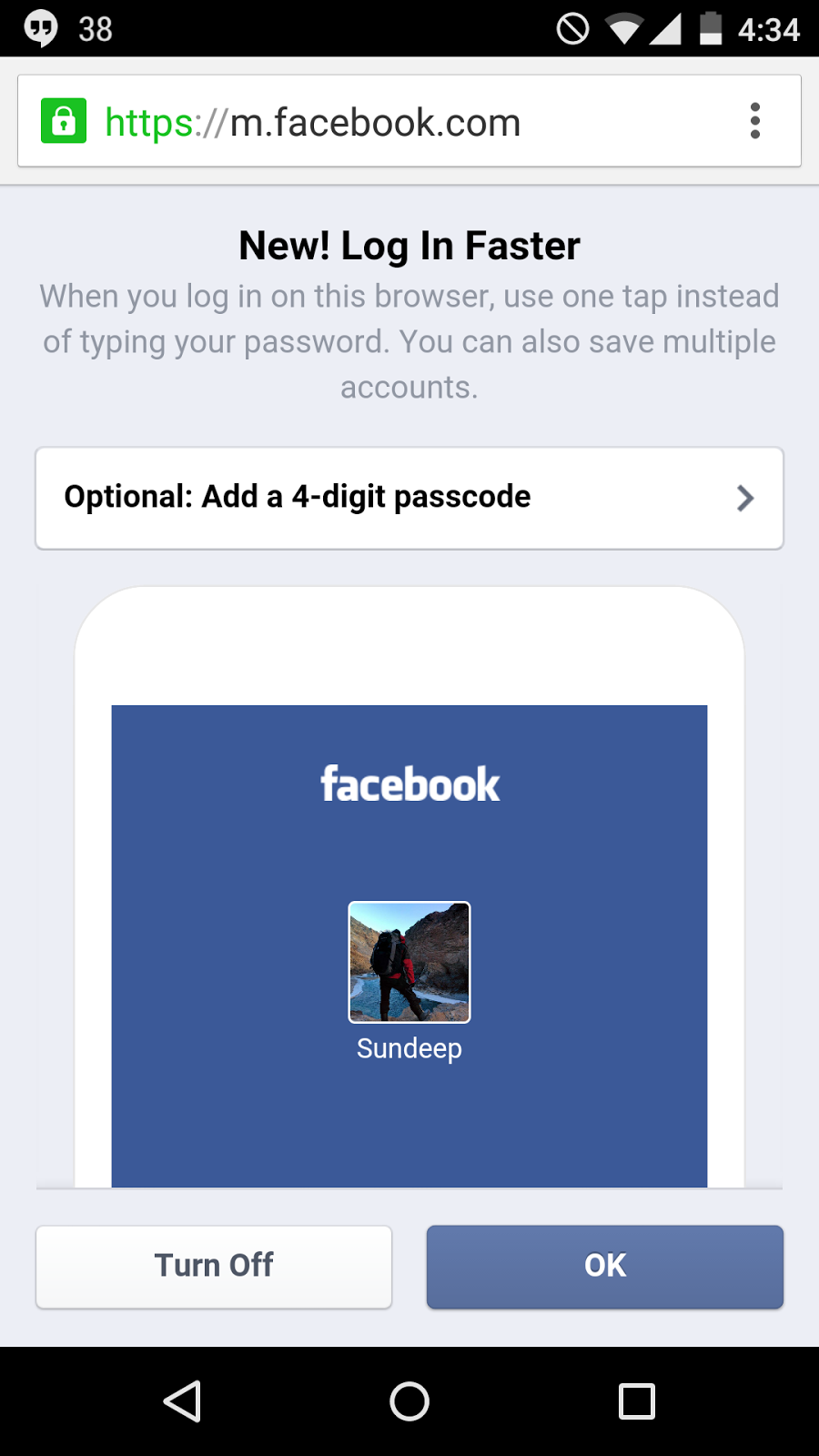 Facebook now allows 4 digit pin to register your new device Sundeep