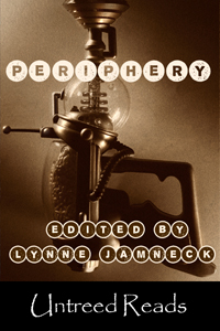 A sepia-toned photograph of some sort of antique-looking piece of machinery or fixture. It has a glass bulb and various metal parts. In opaque white circles above, each letter of the title, "Periphery," is in a separate circle. Below, also with each letter in its own circle, but transparent, it says "edited by Lynne Jamneck."