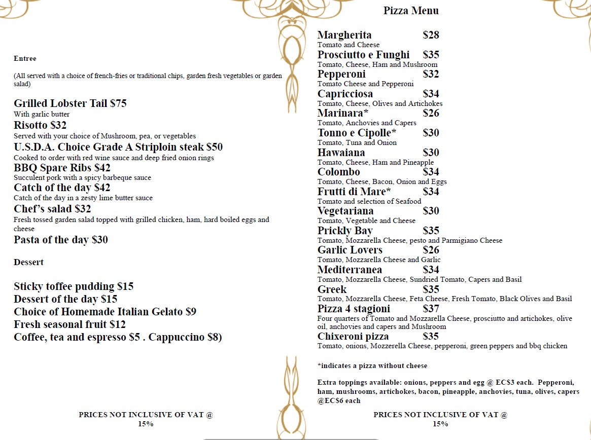 hello grenada, see you later america Prickly Bay Pizza Menu