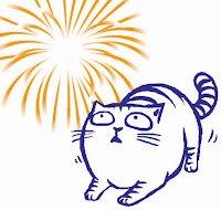 Desenho de gato amedrontado com a queima de fogos de artifício