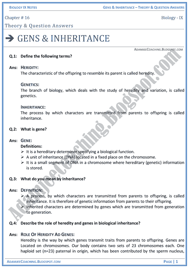 Genes-and-Inheritance-theory-notes-and-question-answers-biology-notes-for-class-9th