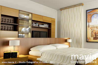 Modello 3d interno Camera da letto  matrimoniale con tenda a pannello, rendering 3d realizzato con il programma di computer grafica 3d Cinema 4d e con Vray