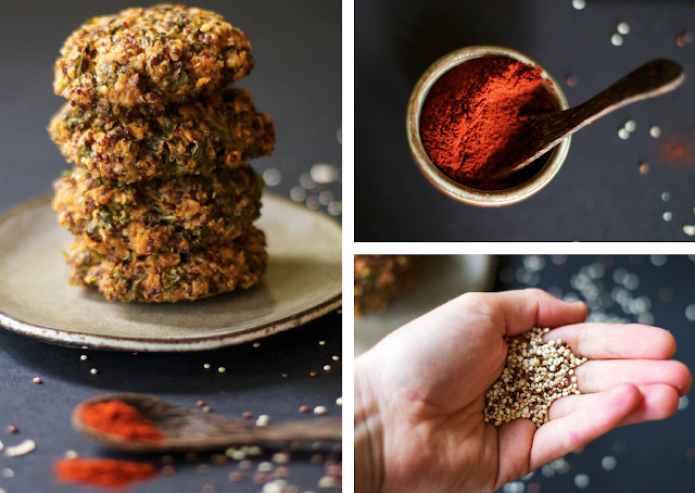 Quinoa and kale patties and a beet berry smoothie.