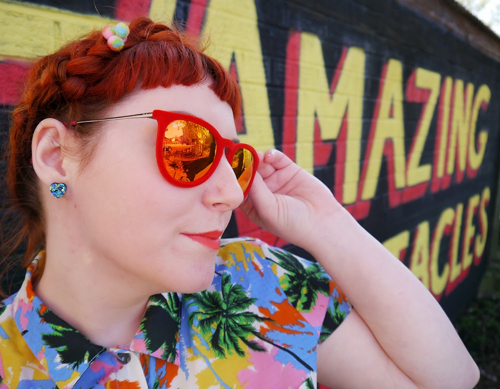 Sunshine's Out Scottish Blogger, Red Head, Ginger, Styled by Helen, Dundee, Amazing Spectacles, Graffiti, Tropical shirt, Luna on the Moon, Hair Slides, pom pom, Sun Glasses Shop, velvet sunglasses, rayban, Ray-Ban, Cheap Frills heart earrings, bright outfit, summer outfit, summer style, Abandon Ship, Kewpie tote bag, Rock Cakes brooch, Bonnie Bling name ring