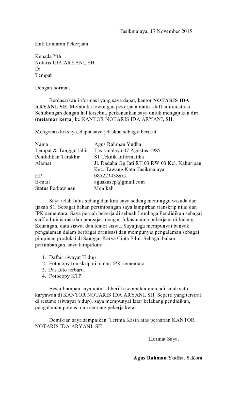Contoh Surat Lamaran Kerja Di Kantor Satpol Pp Contoh Surat