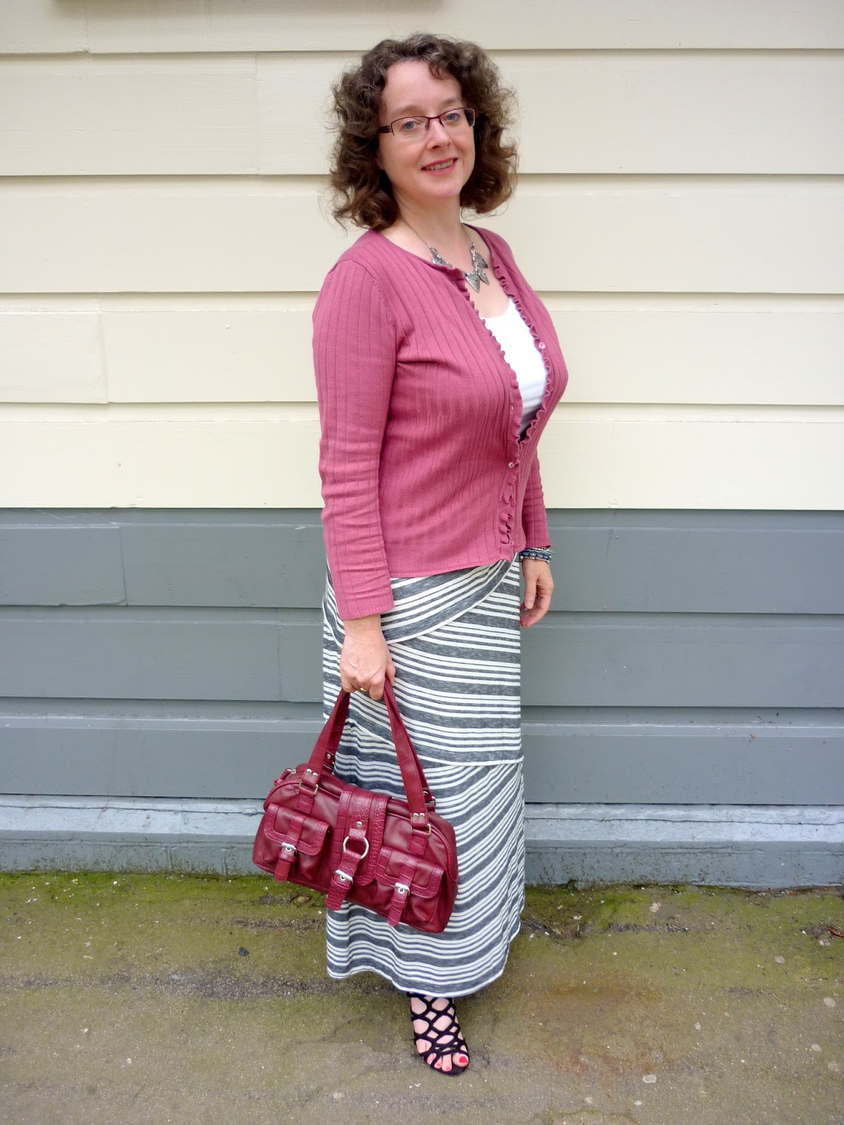 Grey & Ivory Maxi Skirt, Raspberry Top & Bag | Petite Silver Vixen