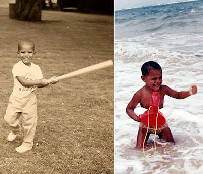 Obama de niño en la playa y jugando baseball