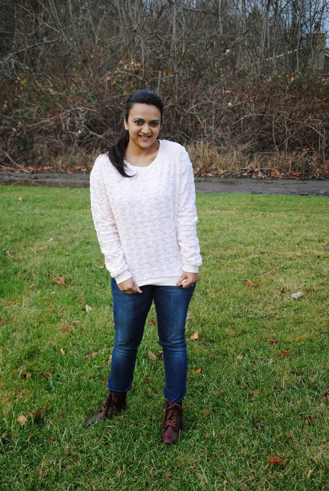 Peach Sweater with blue shaded denims,Peaches and Roses, Seattle Indian Fashion Bloggers, Seattle Winter Wear, Ananya Kiran, Indian Women Styling Options , Sweaters and Jeans