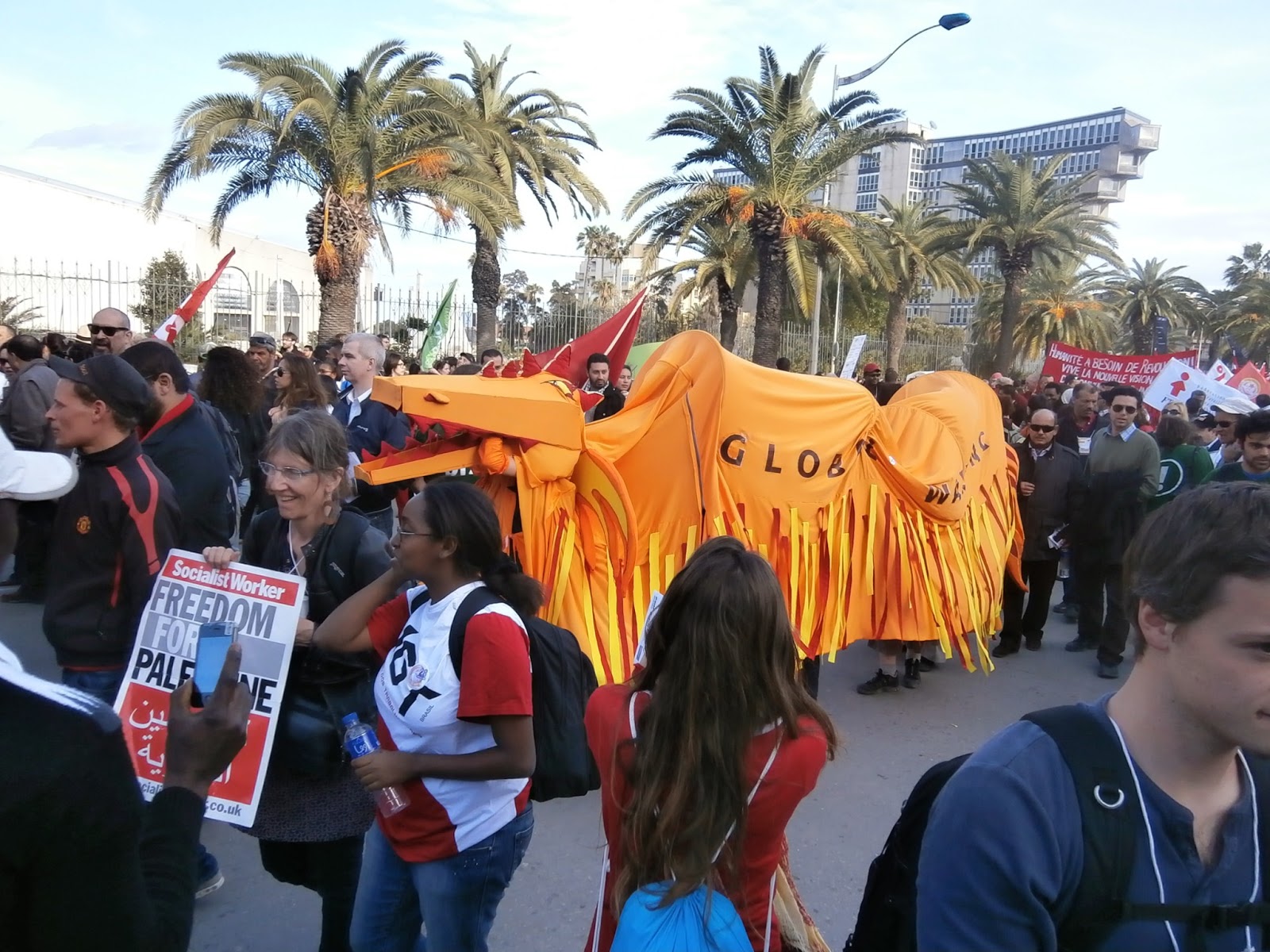 Example on the demonstrations diversity: Global warming dragon in front.