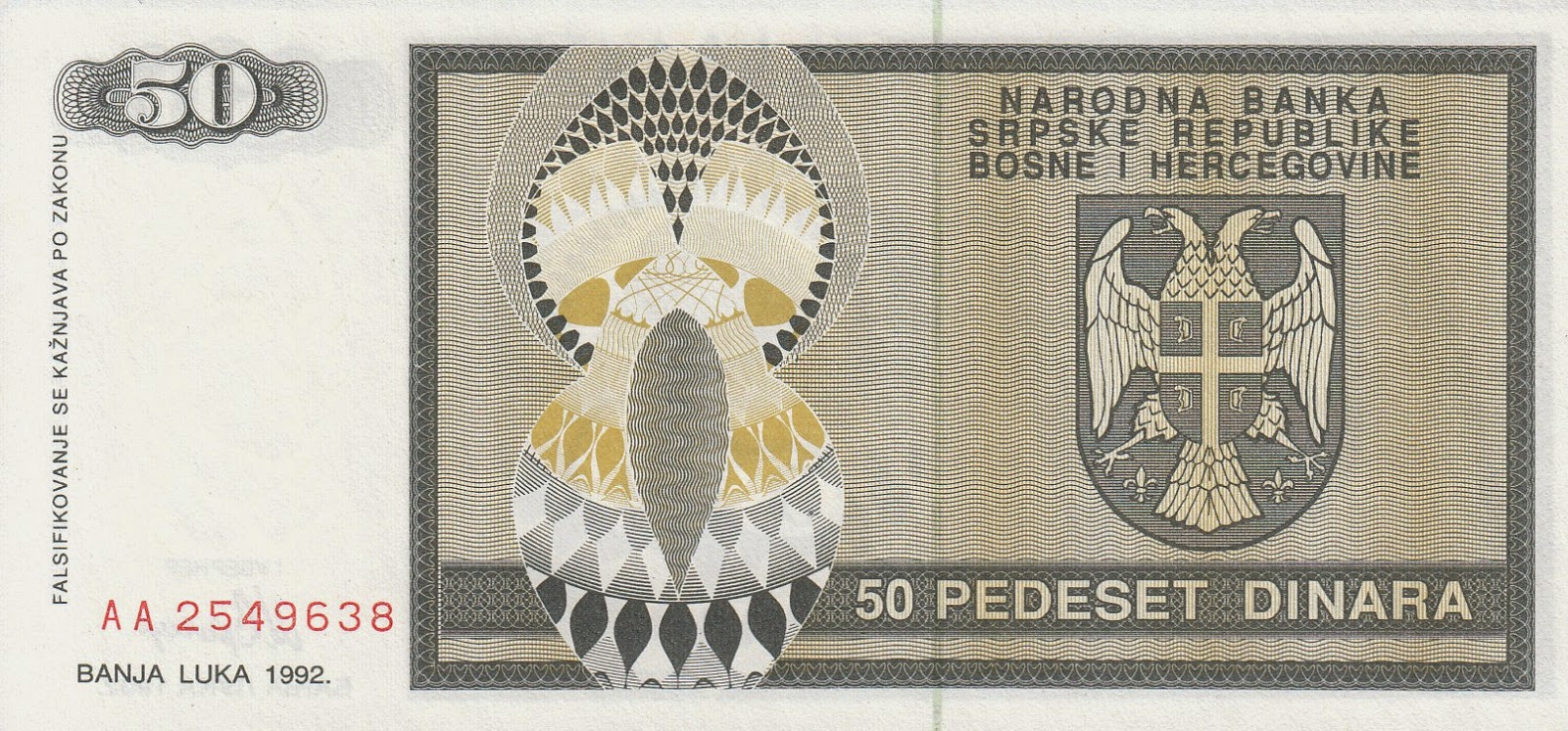 1993 P-130 Dinara Hyperinflation 50,000 World Currency YUGOSLAVIA 50000