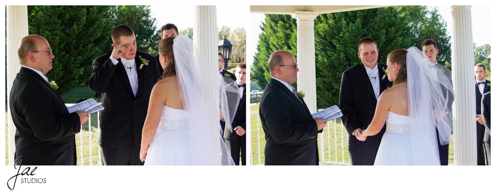 Jonathan and Julie, Bird cage, West Manor Estate, Wedding, Lynchburg, Virginia, Jae Studios, ceremony, crying, pastor, bride, groom, groomsmen, veil, wedding dress outdoors