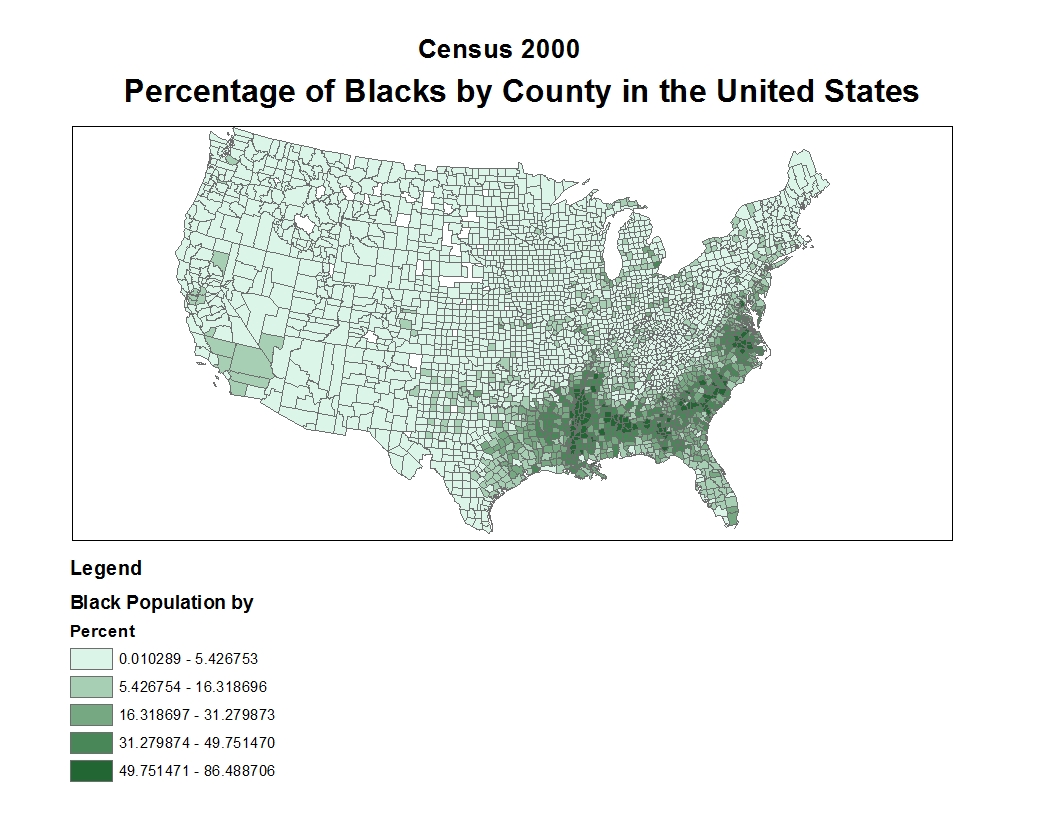 the above map shows the distribution of black population by percent in different counties in the united states light green represents the counties with the above map shows the distribution of black population by percent in different counties in the united states light green represents the counties with