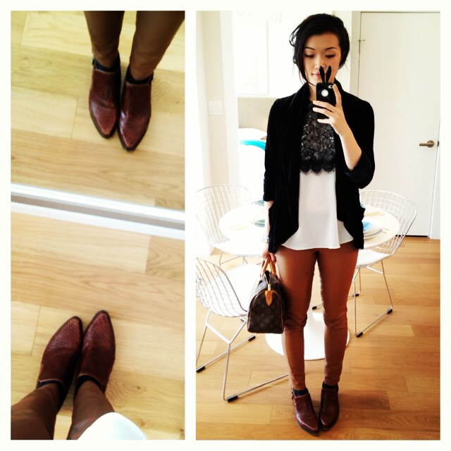wantering spring trends lace top from prabal for target collection, leather leggings, velvet blazer, louis vuitton speedy 25