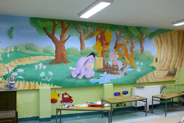 Bydgoszcz, artystyczne malowanie przedszkola, aranżacja ściany w przedszkolu, malowanie bajki na ścianie, mural 3D